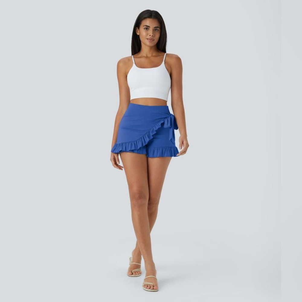 High Waisted Tie Side Ruffle Hem Flowy Casual Shorts 3.5" SIZE SMALL blue